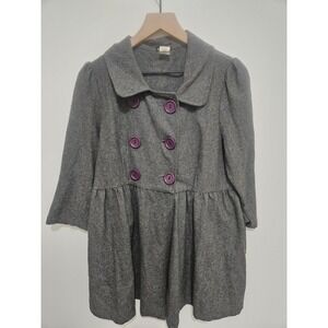Wet‎ Seal Gray Wool Blend Babydoll Coat Purple Buttons Double Breasted Large y2k